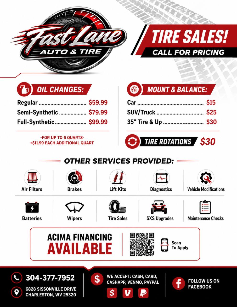 Fast Lane Auto & Tire pricing flyer with oil change, tire service, financing, payment, and contact information