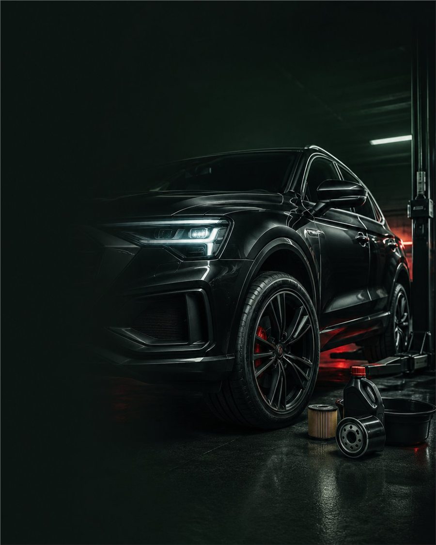 Black vehicle in a service bay with oil and filter supplies