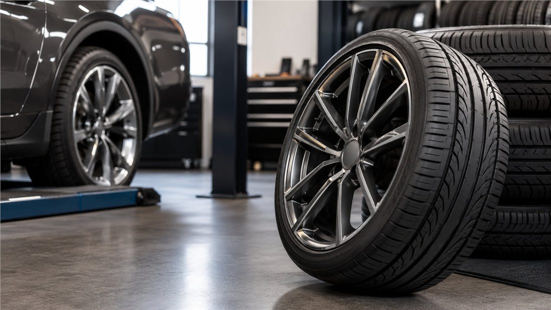 Tires and vehicle inside an automotive service bay