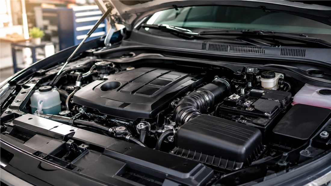 Open vehicle engine bay in a repair shop