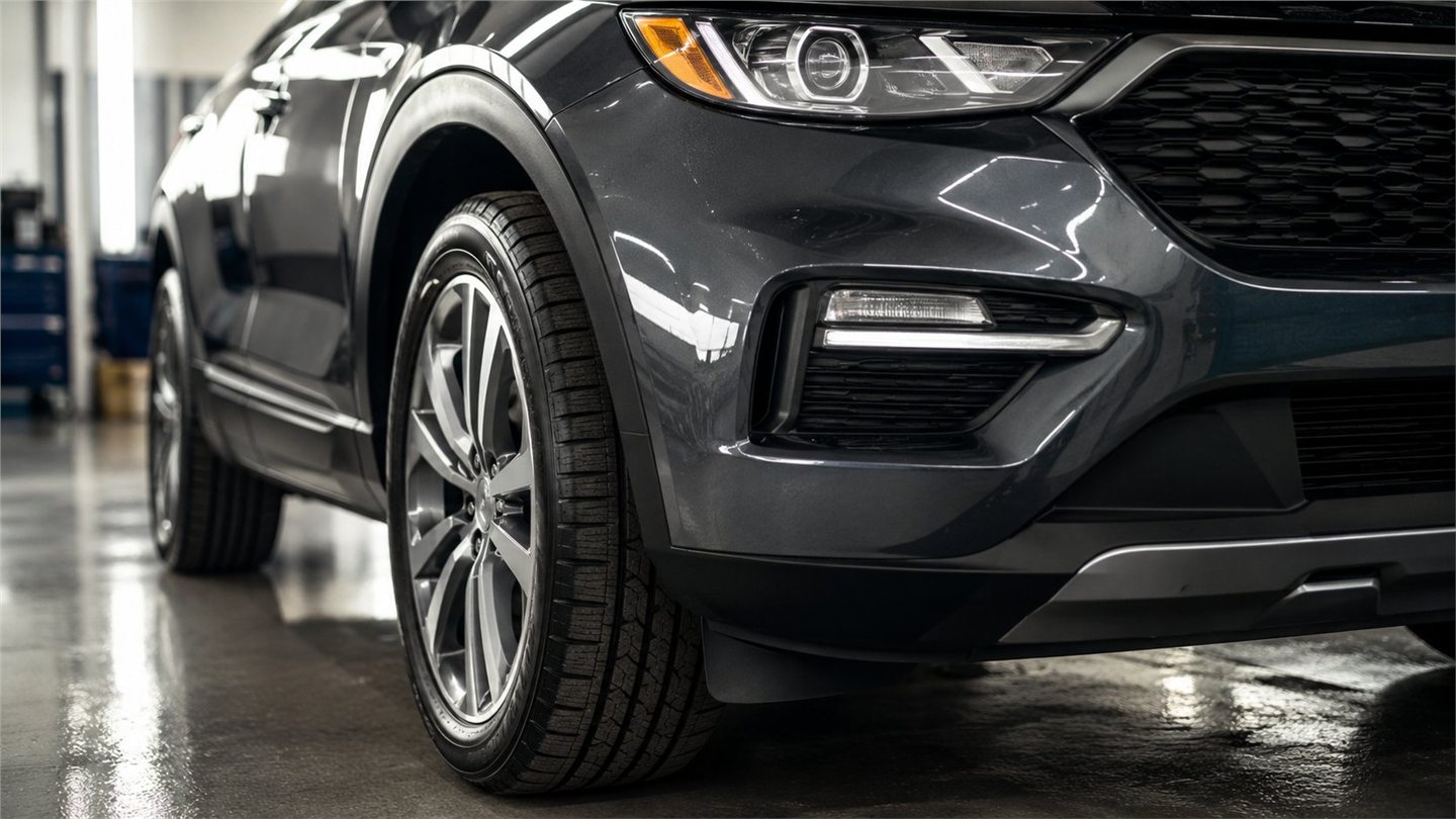 Vehicle tire and front end inside an automotive service bay